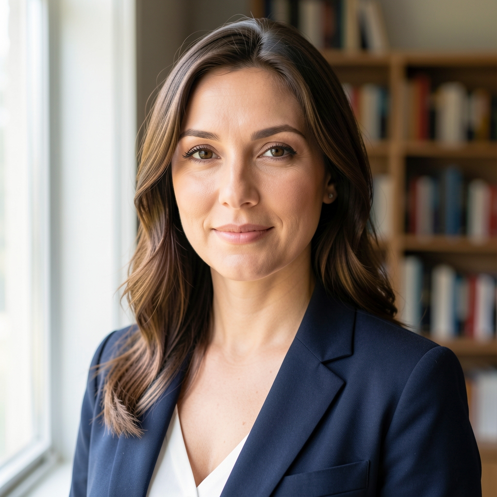 Portrait photograph of a woman near a bright window, editorial lighting with a bookshelf in the background