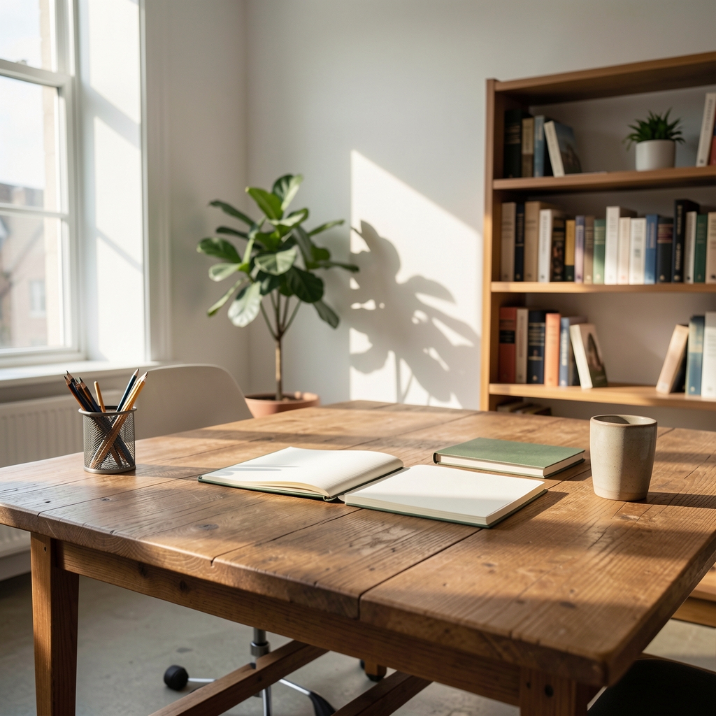 Editorial office space in natural light with notebooks, a wooden desk and morning window shadows, calm working environment