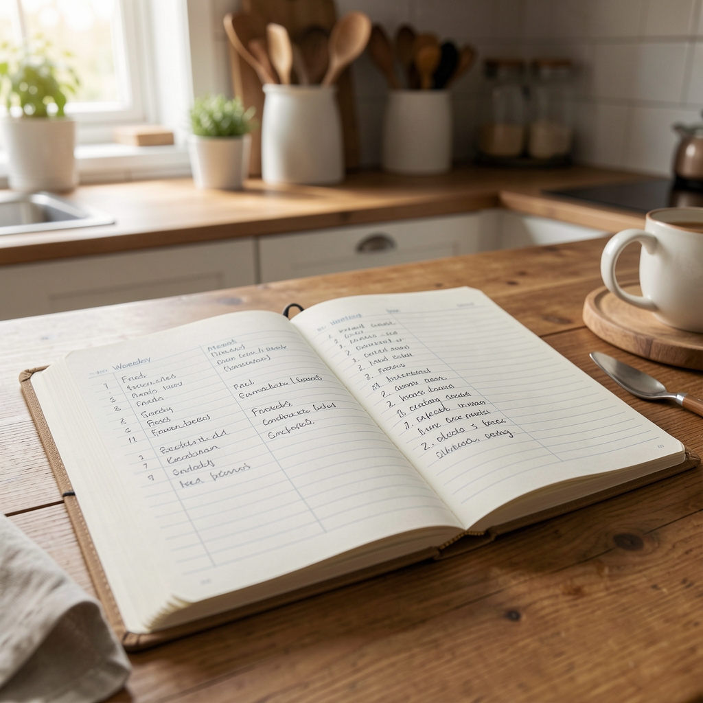 Open food journal notebook on a kitchen table with a handwritten weekly meal record, natural afternoon light