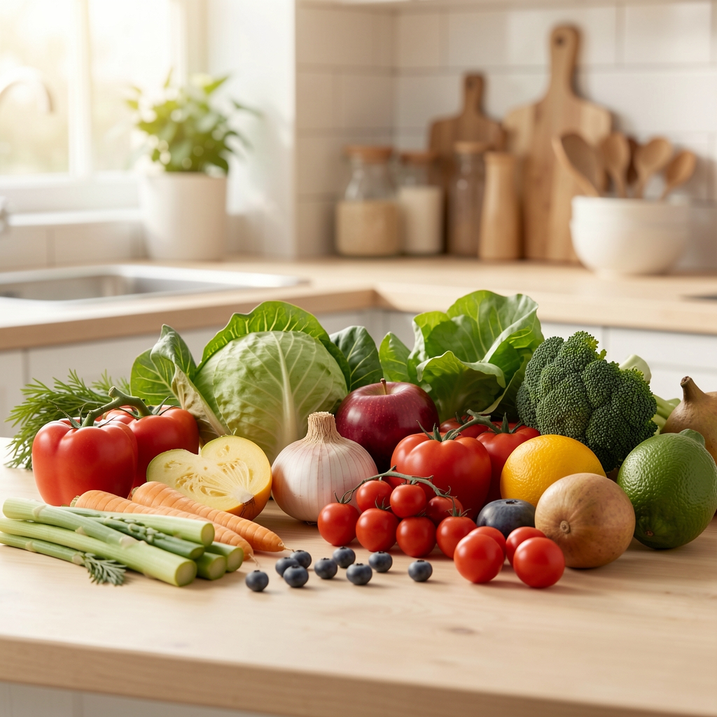 Fresh vegetables and seasonal produce arranged on a pale wooden kitchen surface in soft morning light