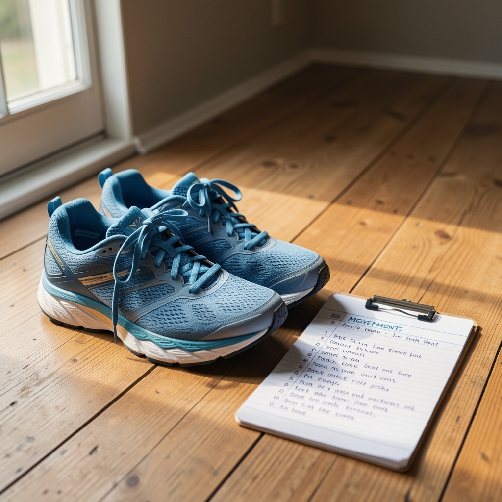 Running shoes placed on a wooden floor beside a handwritten movement log, morning light from a nearby window
