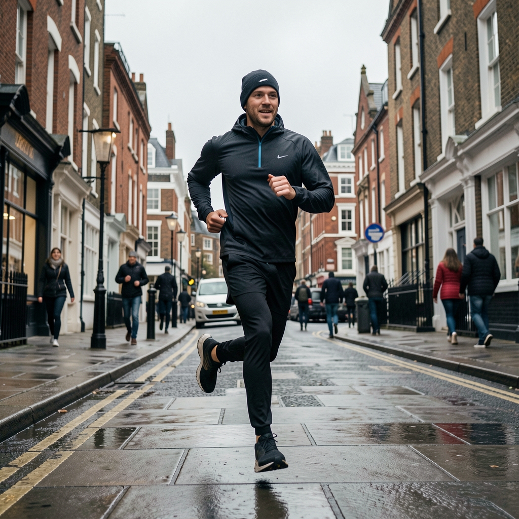 Runner in motion on a London pavement during an overcast morning, active lifestyle documentary photography