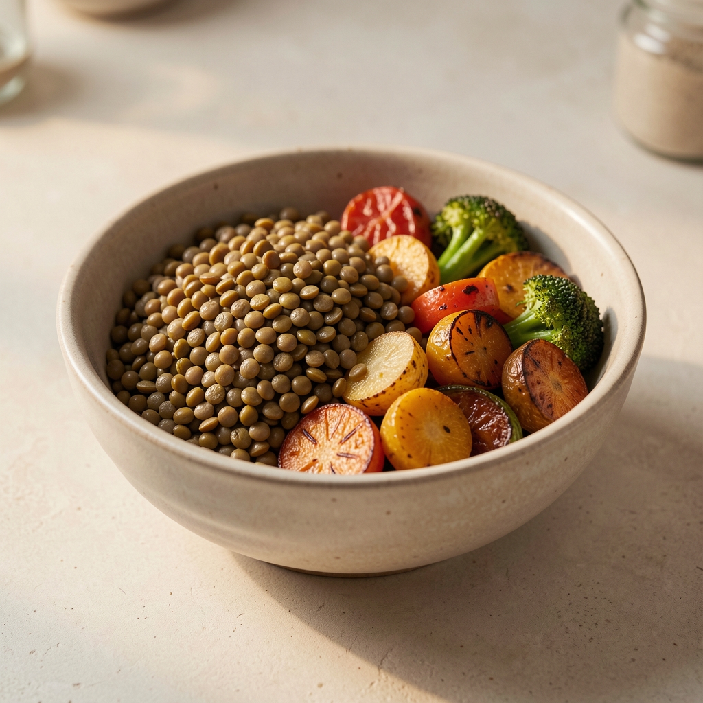 Bowl of cooked lentils and roasted seasonal vegetables on a pale ceramic surface in warm natural light, home cooking