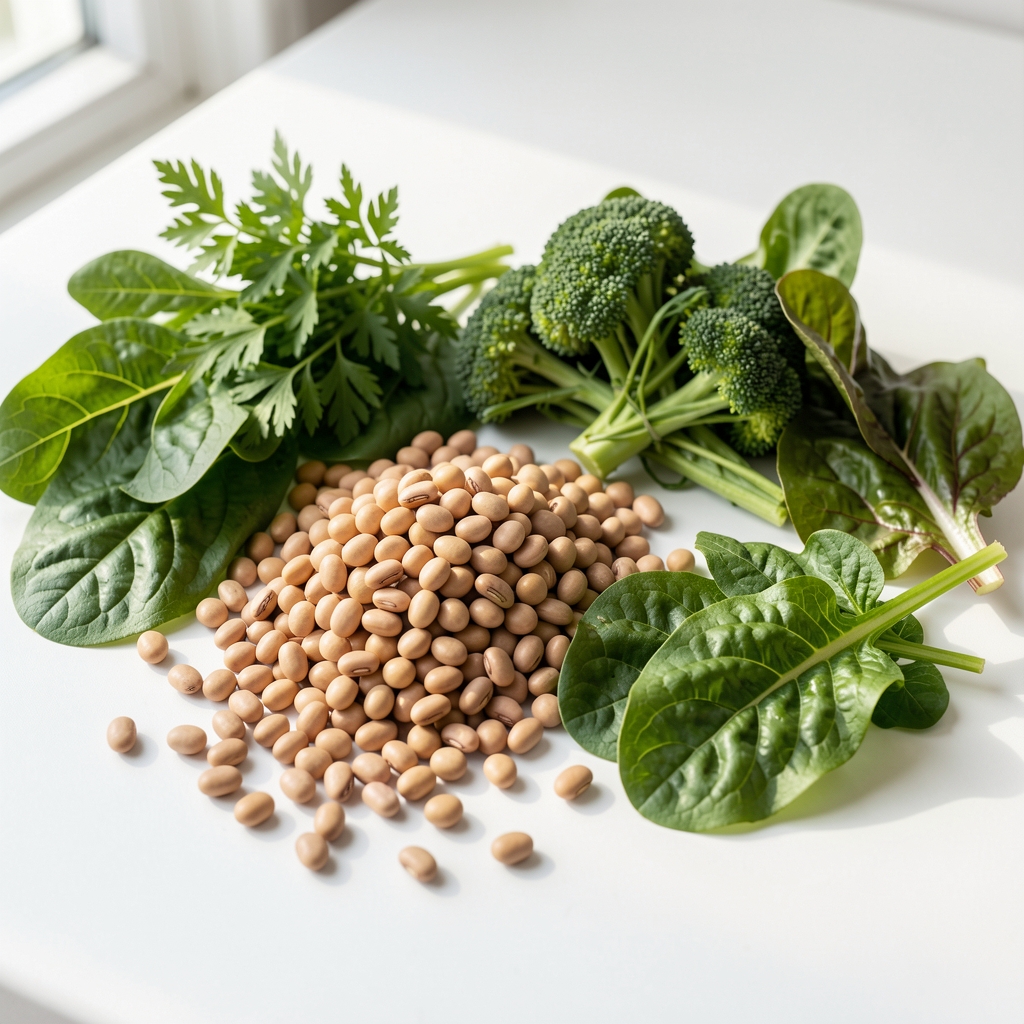 A selection of plant-based ingredients including legumes and seasonal greens arranged on a white surface in natural light