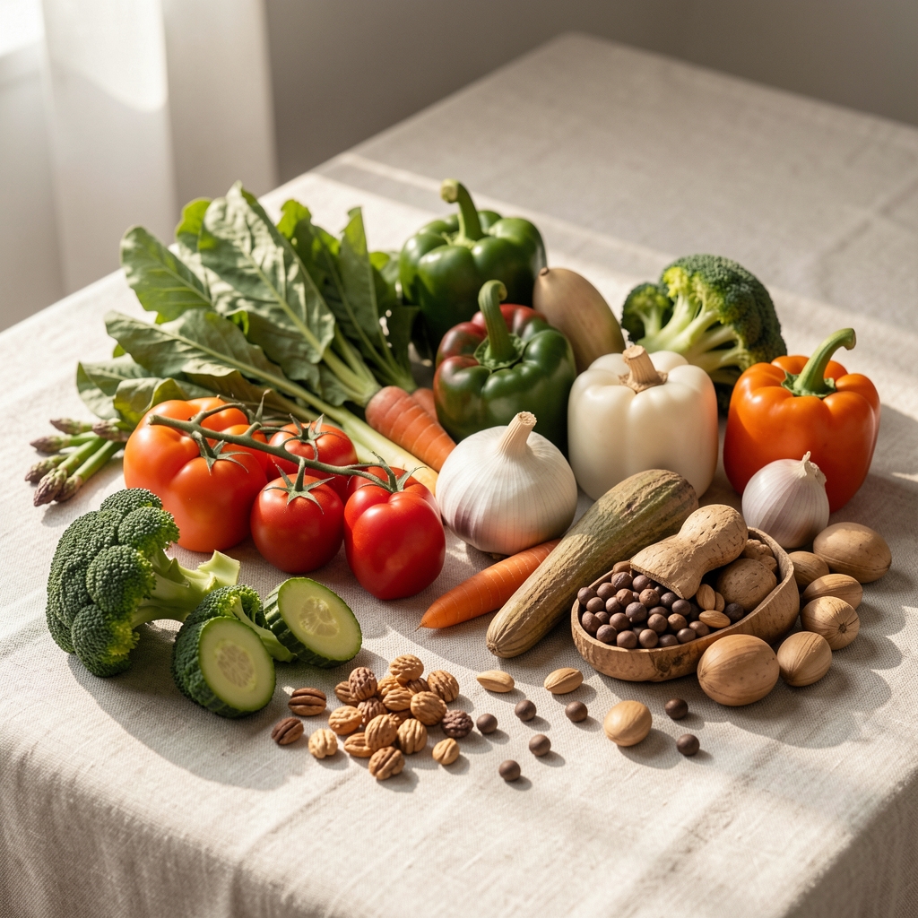 Seasonal vegetables and whole foods arranged on a pale linen surface in soft morning light, editorial composition